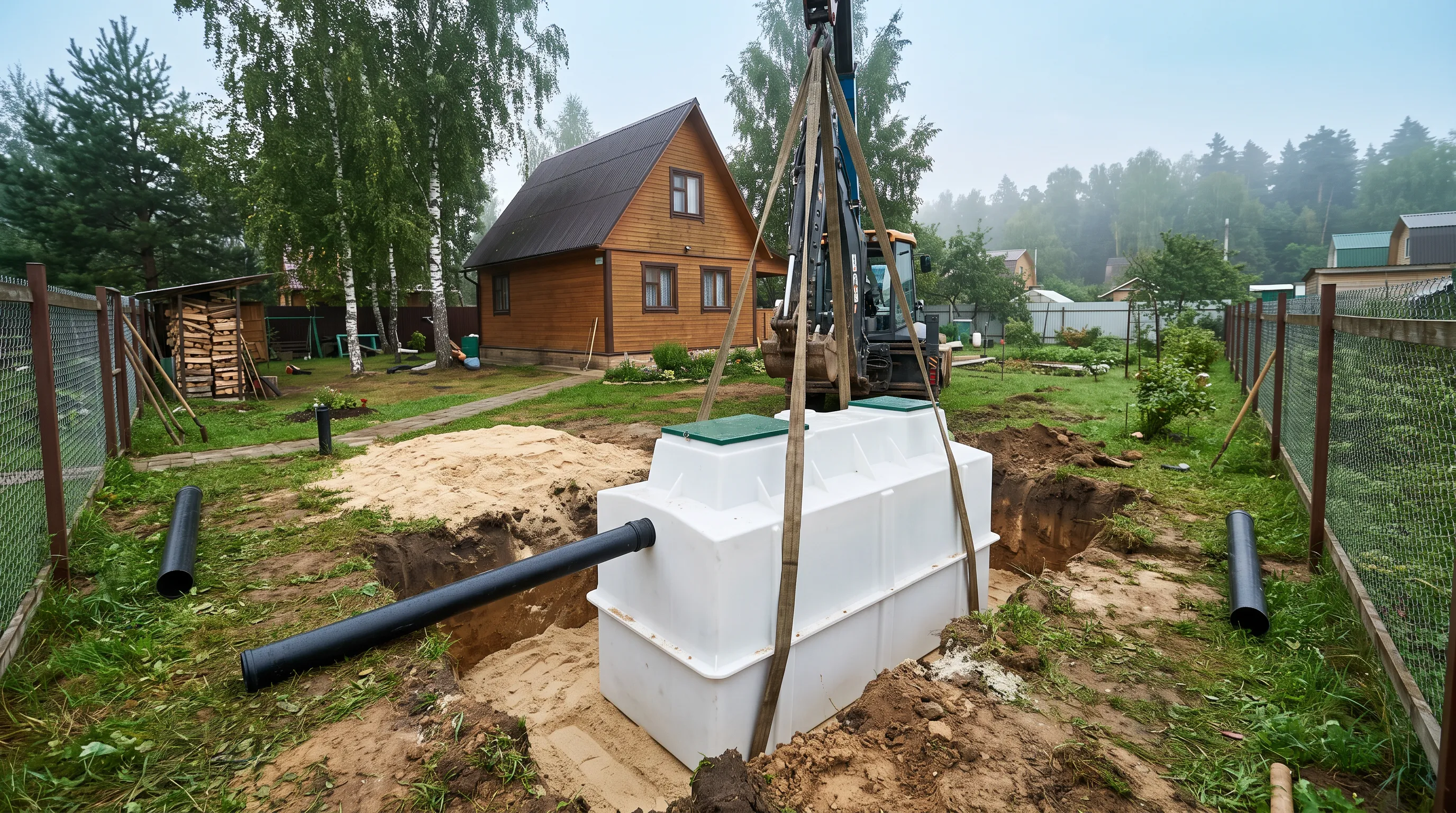 Установка пластикового септика в котлован на дачном участке в Подмосковье