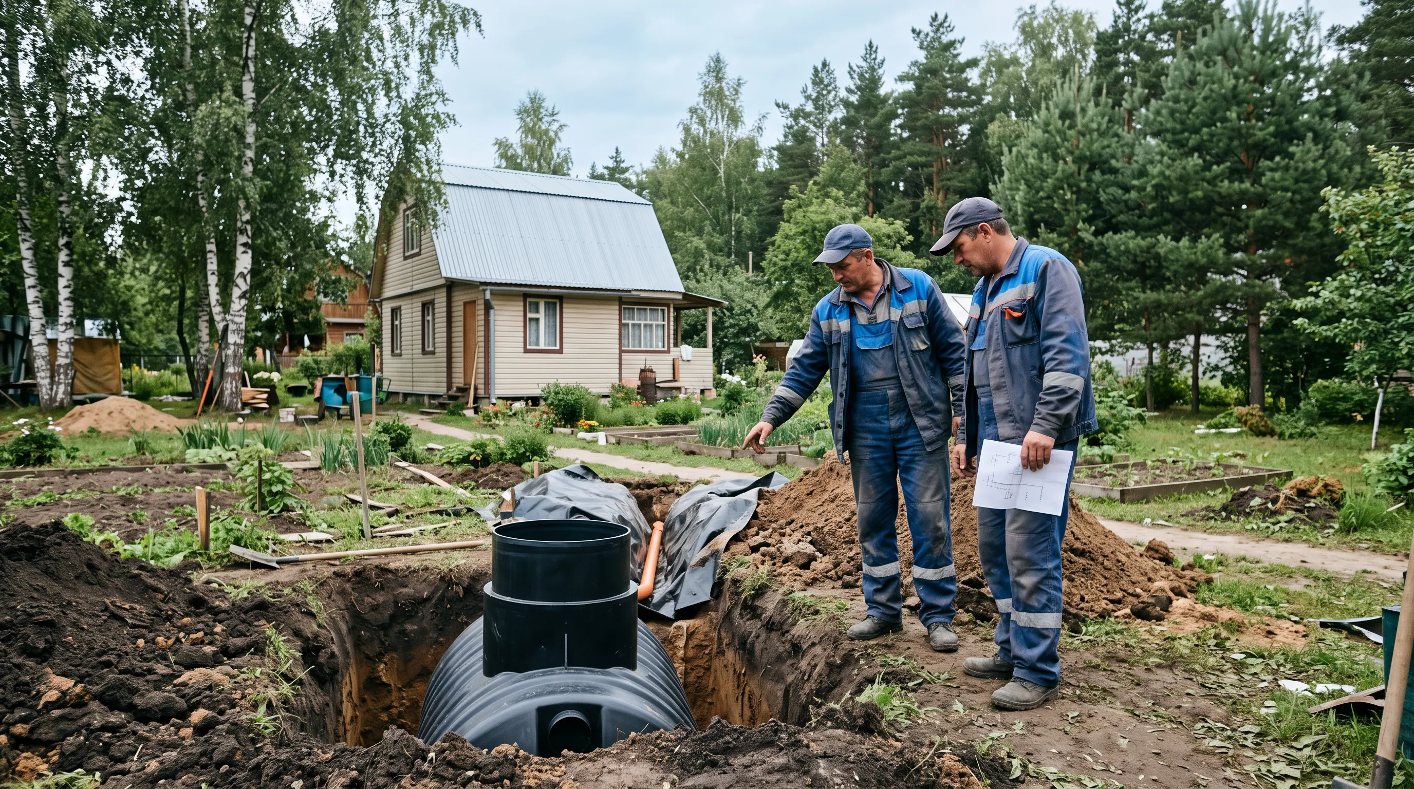 Бригада монтажников на дачном участке у котлована